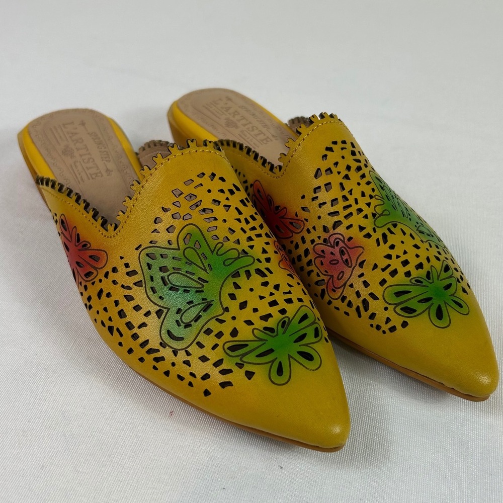 L'Artiste by Spring Step Galatina Yellow Leather Mules Slides Pointed Toe 6 36